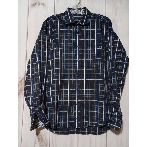 Bugatchi Shirt Men's Medium Black Blue Button Front‎ - Picture 1 of 10